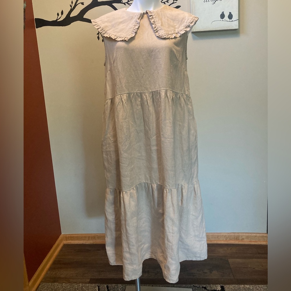 Linenfox Neutral Tiered Midi Dress with Ruffled Collar